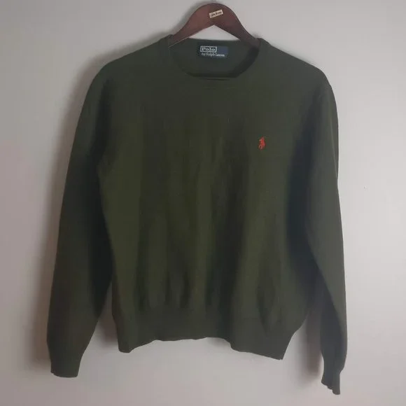 Army Green Wool Sweater, 100% Merino Wool, Polo RL Pony Logo Sweater - Picture 2 of 7